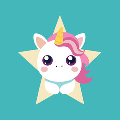 Cute baby unicorn peeking from behind a shining star, adorable magical fantasy character, perfect for kids and nursery designs