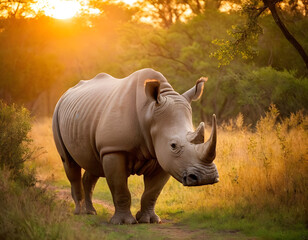 Obraz premium Rhino, Wildlife Photography, A natural scene in the forest at sunset.