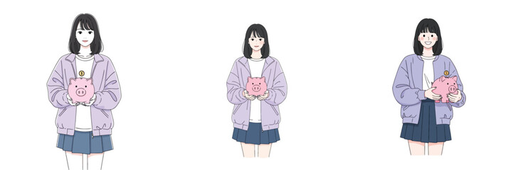 Vector set of a woman holding a piggy bank