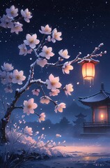 Lantern hanging on the tree, anime background