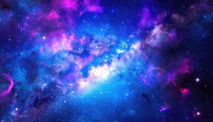 Vivid cosmic nebula with swirling blues, purples, and specks of light