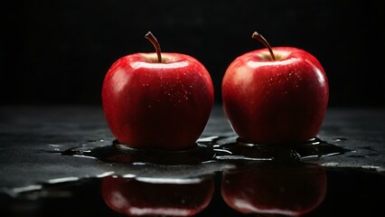 Two Fresh Red Apples with Water and Reflection on Black Background