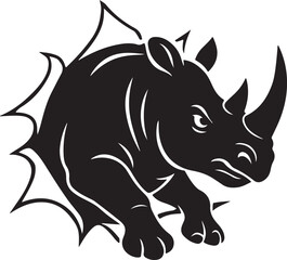 Rhino cartoon tearing paper silhouette in strong dynamic pose on white background