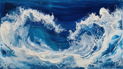 Oceanic waves crashing, abstract art.  Dynamic blue and white, textured masterpiece