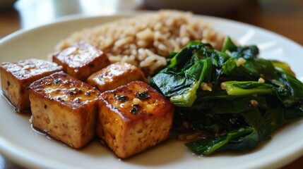 Pan-fried tofu cubes with brown rice and spinach