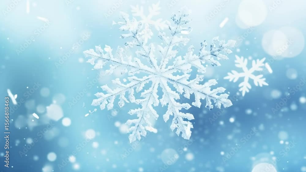 Poster single snowflake: intricate detail of a single snowflake falling gently in a soft blue light backgro