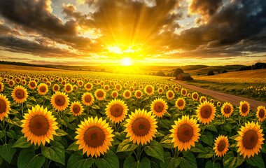 An expansive field of sunflowers under a spectacular sky. © Artur