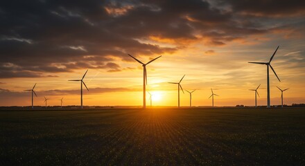 Obraz premium Golden Sunset over Wind Turbines in a Ploughed Field