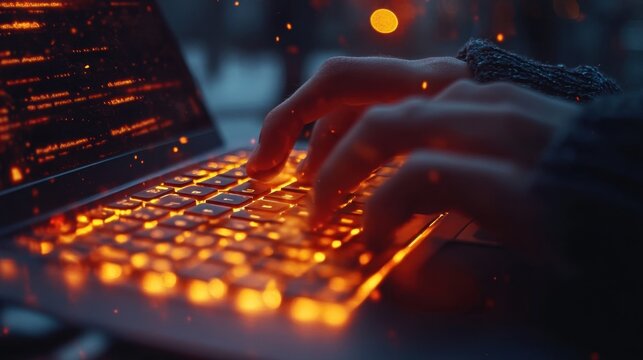 Hands typing on illuminated laptop keyboard in dark at home office. Hacker uses keyboard, shakes buttons with fingers to crack password. Internet security concept, cyber attack
