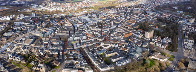Aerial view of the downtown around the city Giessen in Hessen, Germany on a cloudy day. in autumn