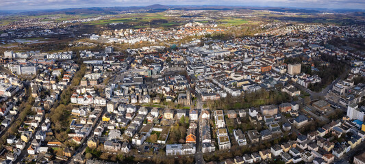 Aerial view of the downtown around the city Giessen in Hessen, Germany on a cloudy day. in autumn