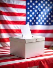 White ballot box on red-striped table with American flag backdrop
