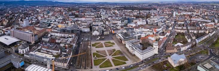 Aerial view of the downtown around the city Kassel in Hessen, Germany on a cloudy day. in autumn	
