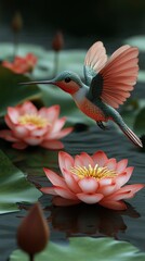 Naklejka premium Hummingbird gracefully hovers above blooming lotus flowers on a tranquil lake