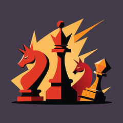 Epic chess battle vector with stylized shading, dramatic lighting, detailed pieces, strategic concept art, black vs white board
