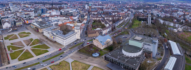 Aerial view of the downtown around the city Kassel in Hessen, Germany on a cloudy day. in autumn