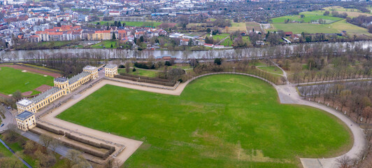 Aerial view of the downtown around the city Kassel in Hessen, Germany on a cloudy day. in autumn