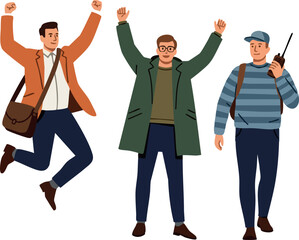 Group of three diverse men celebrating and communicating with radio device vector illustration 