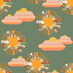 Sun Seamless Pattern. Vector Template.