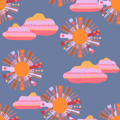 Sun Seamless Pattern. Vector Template.