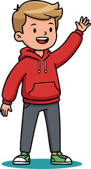 Boy in red hoodie waving hand smiling casual outfit vector illustration 