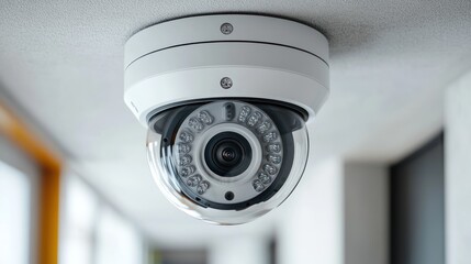 Surveillance camera monitoring hallway activity in a modern building setting