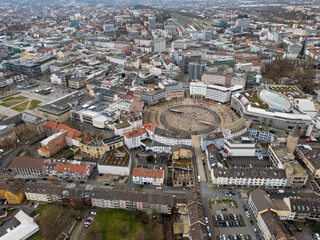 Aerial view of the downtown around the city Kassel in Hessen, Germany on a cloudy day. in autumn