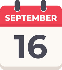 16 September Daily Calendar Icon in flat design style red and white