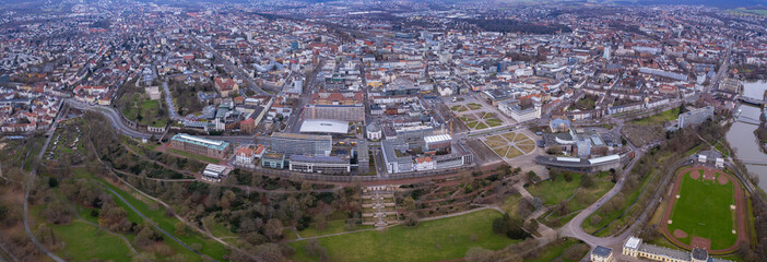Aerial view of the downtown around the city Kassel in Hessen, Germany on a cloudy day. in autumn