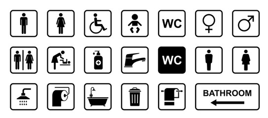 toilet, bathroom, WC or restroom signs for disabled, male, female, children. male and female sings set and bathroom signs including sanitizer, faucet, bathtub, bin, towel, shower, toilet paper, 