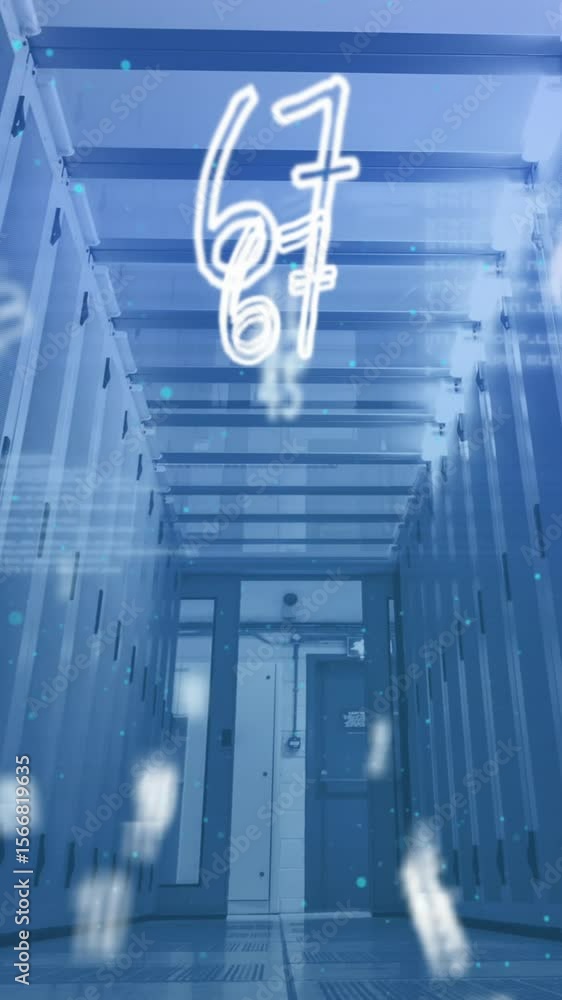 Poster animation of numbers changing over tech room with computer servers