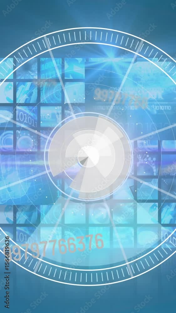 Poster animation of circular scope and rising numbers with composite screens behind