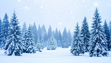 Winter scene with snow-covered evergreen trees and falling sparkles