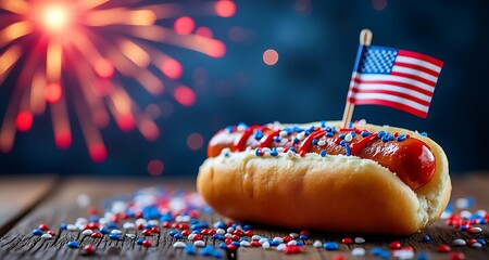 Delicious hot dog adorned with red ketchup and patriotic red white and blue sprinkles with a small american flag