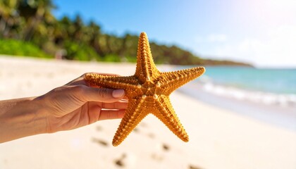 Holding Starfish on Sunny Beach Holiday