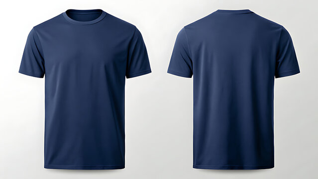 A navy blue tshirt is presented from the front and back apparel mockup, garment visualisation, t shirt template, clothing presentation, fashion mockup