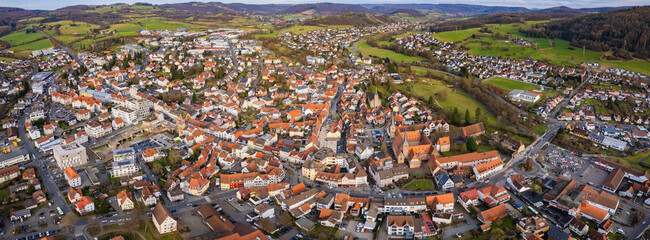 Aerial view around the city Schlüchtern, 36381 in Germany on a sunny spring day