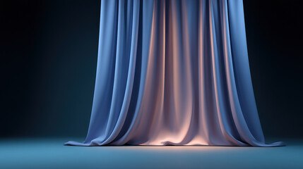 Soft blue curtain draped elegantly with warm light glowing from behind, creating serene and inviting atmosphere on smooth floor surface