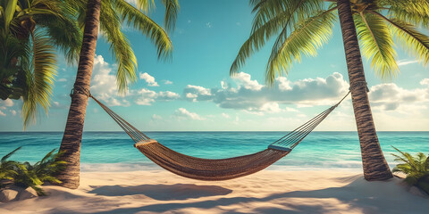 Tropical Beach Paradise, Hammock Scene, Ocean View, Palm Trees, Relaxing Vacation Spot, Summer Vibes, Coastal Dream