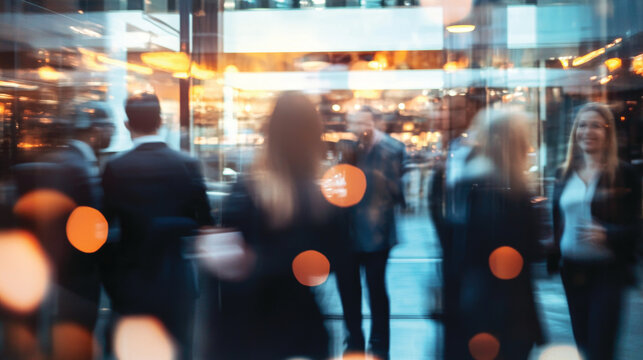 Blurred shot of business people at party or corporate event in office center	
