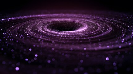 Neon particle vortex swirling digital light ring glowing dust trail energy pulse top down perspective over deep purple black background perfect music visuals virtual event dynamic tech theme