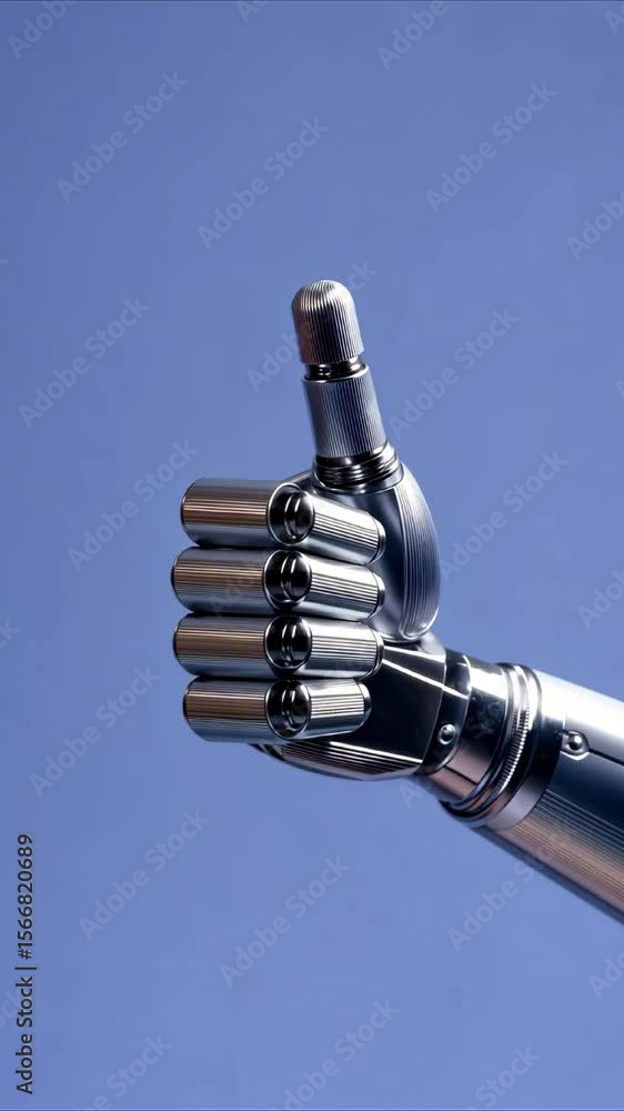 Poster robotic hand with metallic fingers giving a thumbs up gesture against a blue background, showcasing 