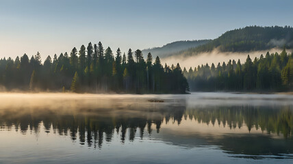 A calm lake at morning with mist gently rising from the surface, surrounded by pine trees and soft morning light