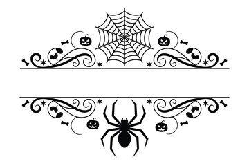 
Halloween split monogram frame with spider web, ornate swirling decorative elements, fancy curls, line Calligraphy filigree scroll  
