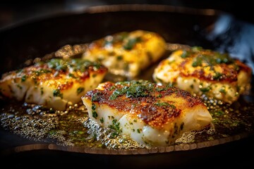 Golden salt cod fillets sizzle gently in garlicky olive oil emulsion sauce