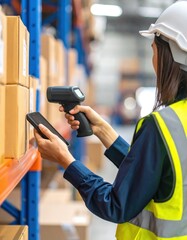 Worker scanning barcode on a box in a warehouse