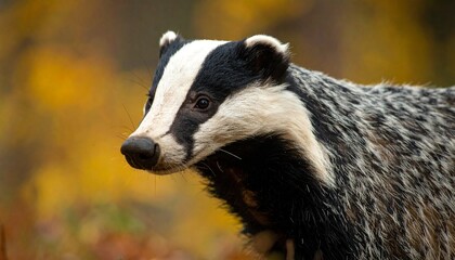 European Badger Portrait in Autumn  with a blurred background