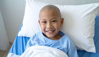 Young child smiles, bald head, in hospital bed, looking up