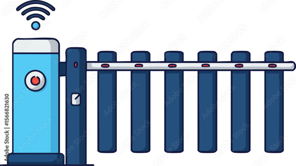 Poster automatic blue barrier gate with wireless control for parking or security access vector illustration