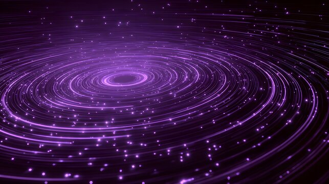 Neon particle vortex swirling digital light ring glowing dust trail energy pulse top down perspective over deep purple black background perfect music visuals virtual event dynamic tech theme  - Powered by Adobe